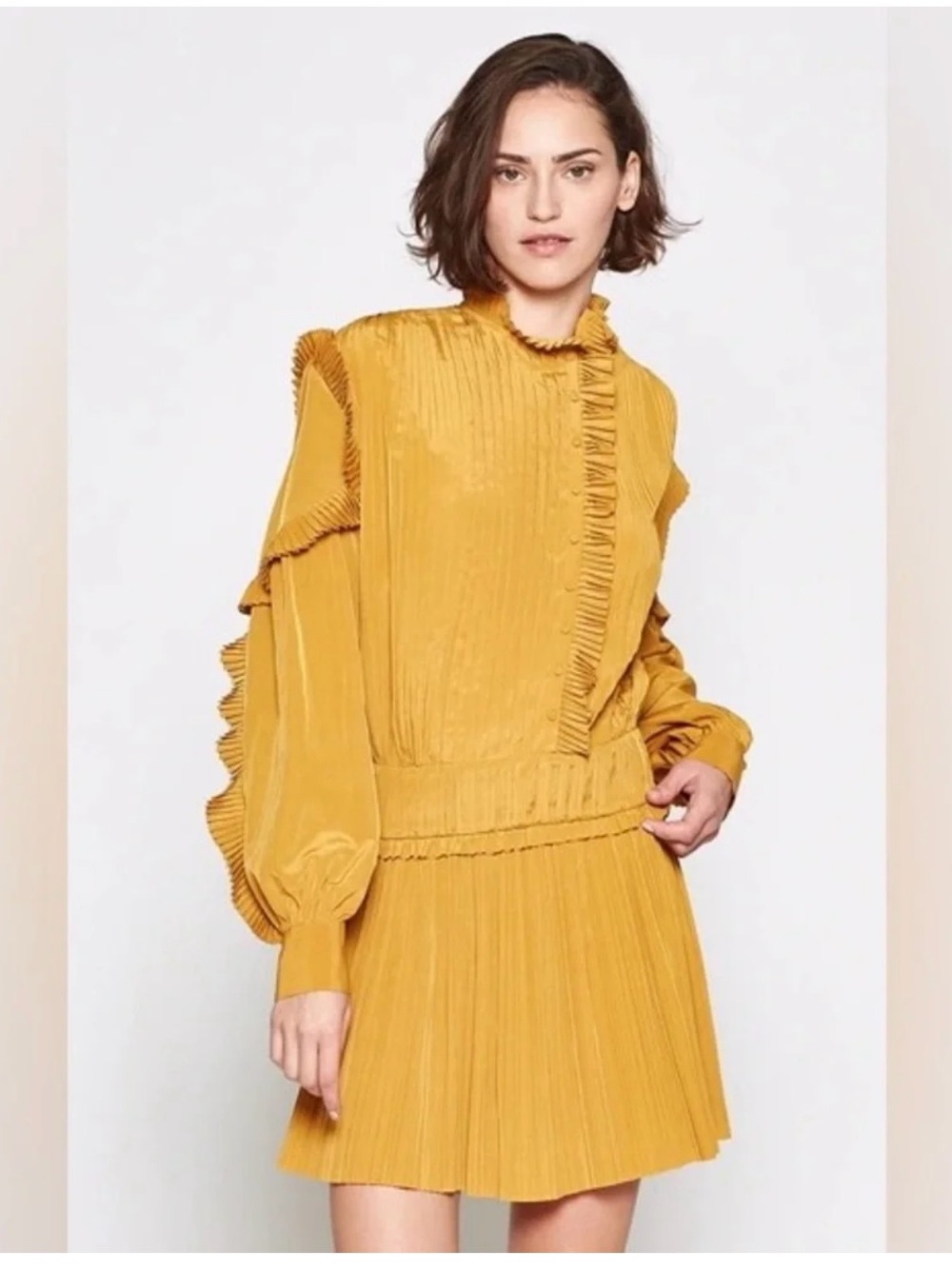 JOIE JAZELLE RUFFLED LONG SLEEVE PLEATED DRESS DUSTY GOLD size:4